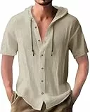 Ophestin Herren Kapuzen Shirt Kurzärmelig Button Down T Shirts Lässige Baumwolle Sommer Strand Hoodies Tops Khaki 2XL