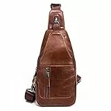 Leathario Herren Brusttasche Leder Sling Bag Crossbody Bag Brustbeutel Schulterrucksack Sling-Rucksack für Freizeit Outdoorsport Reisen Wandern Schule Braun
