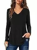 Florboom Tshirt Damen Langarm Shirts V Ausschnitt Oberteil Lang T-Shirts Casual Longshirt Schwarz L
