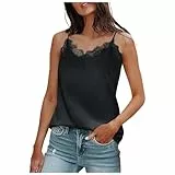 Satin Tank Top Damen Spitze, Sexy Tops Damen Locker Spaghetti Top Weich Bequeme Einfarbig Tanktops Elegant Damentop V-Ausschnitt Trägertop Elegante Sommertop Achselshirt Spitzentop