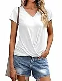 Gyabnw Tshirt Damen Sommer Elegant V-Ausschnitt Top Kurzarm Basic Oberteile Baumwolle Lässige Pleated Bluse Sommershirt