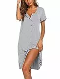 Ekouaer Umstandsnachthemd Damen Sommer Schlafshirt Kurzarm Stillnachthemd Nachtwäsche Knopfleiste Hellgrau L