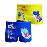 NautySaurs 2er-Pack Jungen Badehose 1-10 Jahre Kinder Bademode Kleinkind Kinder niedliche Dinosaurier Shorts, Surfender Dinosaurier, Blau und Gelb, 5-6 Jahre
