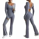 Canli4Y Damen Jumpsuit Langarm Flared Overall V Back Scrunch Butt Bodysuit Sexy Backless Eng Yoga Sport Bodycon Romper Ganzkörperanzug Blau Grau M