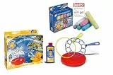 PUSTEFIX Multi Bubbler + MALEFIX Straßenmalkreide 12er I Seifenblasenwasser 250ml, Bunte Ringe & Teller + eine Box leuchtender Straßenkreide Farben