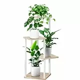 YOCOMEY 4-Tier Hölzern Blumenregal Pflanzenregal, Mehrstöckig Blumenständer Pflanzenständer Blumenbank Blumentreppe Pflanzentreppe Standregal für Innen Garten Balkon Deko(Weiß Eiche)