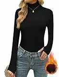 Terecey Damen Rollkragen Langarmshirt Baumwolle Thermounterwäsche Stretch Rollkragenshirt Basic Slim Fit Tops Frühling Hoher Kragen Oberteile mit Daumenloch, Schwarz L