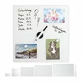 Relaxdays Magnettafel Glas, 40x40 cm, 3 Magneten, Marker, Stiftehalter, Büro & Küche, Sicherheitsglas Magnetboard, weiß
