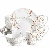 LOVECASA Tafelservice porzellan, Serie Daphne SWEET 16-teiliges Kombiservice Set Weiß,Geschirrset mit Goldspritzer Design, Speiseteller, Dessertteller, Müslischalen und Kaffeetassen für 4 Personen