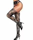 RSLOVE Sexy Strapsstrümpfe für Damen - Florale Spitzen-Netzstrümpfe mit Integriertem Strapsgürtel für Besondere Anlässe Schwarz Einheitsgröße