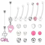 WillTen 14G Schwangerschaftspiercing Bauchnabel Dangly, 8Pcs Mutterschaft Bauch Bar mit 12Pcs Kunststoff Ersatz Bauch Bar Piercing Kugeln, Bioflex Lang Piercing Bauchnabel für Frauen