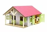 Kids Globe Farming Reiterhof rosa Bauernhof Pferdestall Holz 1:24 mit 2 Boxen, Spielzeug Pferdehof, mit praktischem Faltdach, für alle gängigen Tierfiguren 610168