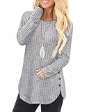 Tanmolo Damen Pullover Herbst Elegant Oberteile Langarm Strickpullover mit Knopfdetail und Kabelstruktur Leichter Arc-Saum Rundhals Pulli Hellgrau, S