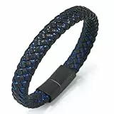 Halukakah ● Solo ● Herren-Armband Handgefertigt | Echtleder Schwarz | Magnetverschluss Edelstahl | Blaue Schnur | KOSTENLOS Geschenkbox| 21.5cm
