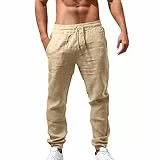 LCpddajlspig Hose Herren, Leinenhose Herren Leinen Hose Sommer Hosen Leichte Sommerhose Mit Kordelzug Freizeithose Baggy Jogginghose Große Größen Strandhose Dünne Linen Pants Men Khaki M