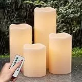 Eldnacele Outdoor LED Kerzen mit Fernbedienung, wasserdicht, flammenlose batteriebetriebene Kerzen, 4er-Set, weiße LED-Säulenkerzen flackernd, Ø 7,5 cm x H 10 cm, 12,5 cm, 15 cm, 20 cm