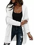 Saodimallsu Strickjacke Damen Langarm Oversized Cardigan Open Front V-Ausschnitt Knopfleiste Sweater Lose Grobstrick Pullover Casual Elegant Strickmantel mit Taschen Weiß M