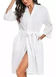 Lovasy Bademantel Damen Waffelpique 3/4 Ärmel Saunamantel Waffelstrick Morgenmantel Weich Leicht Knielang Loungewear mit Gürtel Taschen,Weiß,S