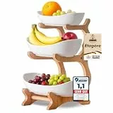VANEJA® Obst Etagere 3 stöckig WEISS KERAMIK mit Bambusständer, Servierständer für Obst Snacks Gebäck, elegante Schalenständer Obstschale modern für Küche und Wohnzimmer
