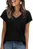 WIHOLL Pullover Damen Kurzarm Sommer Elegant T Shirt Leicht V-Ausschnitt Stretch Oberteile Basic Strickpullover Tops Schwarz L