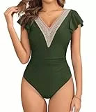 AI'MAGE Damen Badeanzug mit Rüschen Spitze Bauchweg Swimsuit Einteiliger V Ausschnitt Bademode Dunkelgrün M