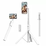 ATUMTEK Selfie Stick Stativ Bluetooth 140cm, All-in-One Handy Stativ aus Aluminium mit Fernbedienung, 360° Drehbar, Kompatibel mit iPhone 16 Pro Max/15/14/13/12/11, Weiß