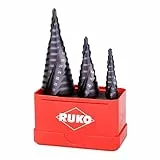 RUKO Stufenbohrer HSS-TiAlN, spiralgenutet mit Kreuzanschliff, Titan-Aluminium-Nitrit-Beschichtung, hohe Schnittleistung, 3-teilig