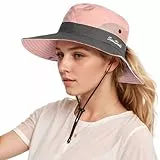 Carreneu Sonnenhut Damen Faltbar UV-Schutz Fischerhüte für Damen,Tropenhut Einstellbar Bucket Hat, mit Loch für Pferdeschwanz, für Sommerliche Outdoor-Aktivitäten (Nähte Rosa)