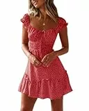 Imily Bela Damen Sommerkleid Rüschen Swing Strandkleid Elegant A-Linie Minikleid High Waist Kleid mit Kordelzug(Weinrot, M)