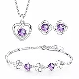 Josfeva Schmuck Set Damen Silber 925, Herz Halskette & Klee Armband & Klee Ohrstecker Set mit 5A Lila Zirkonia, Liebe Halskette Damen Ohrringe Ohrstecker Silber Armkette mit Geschenkbox
