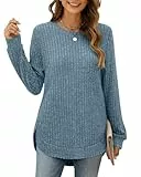 XIEERDUO Pullover Damen Strickpullover Sweatshirt Langarmshirt Herbst Winter Tunika Tshirt Elegant Oberteile Top Blau L