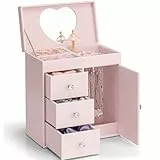 Vlando Schmuckkästchen mit Spieluhr für Mädchen, große Spieluhr für Kinder mit Ballerina als Dekoration für das Geburtstagszimmer, 4-lagiges Schmuckgeschenk für Mädchen und Kinder – Rosa