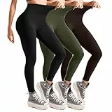 Leafigure Leggings Damen High Waist, Leggins Blickdicht für Sport Gym Yoga 3er Pack Schwarz/Grün/Dunkelbraun XXL