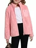 Naiyafly Fleece-Jacke für Mädchen, Reißverschluss, Sweatshirt, Stehkragen, flauschig, warm, Sherpa-Jacke, leicht, einfarbig, für Herbst und Winter, Mantel mit Taschen, 5–13 Jahre, dunkelrosa, 11-12