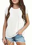 Haloumoning Mädchen T-Shirts Rundhals Kurzarm Kappe Ärmel Top Leicht einfarbig Tee mit Brusttasche Sommer Oberteil Weiß 10-12 Jahre