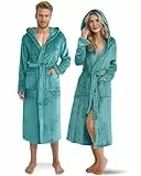 Twinzen Damen & Herren Kuschelfleece Morgenmantel mit Kapuze M - Türkis - Weich, Warm & Bequem - Öko-Tex Standard 100 zertifiziert