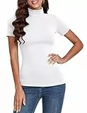 Totatuit Rippshirt Damen Kurzarm Turtleneck Shirt Stehkragen Pulli Unterziehshirt Rollkragen für Frühling Herbst Baumwolle Oberteile Weiß XL