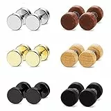 Aroncent 6 Paar Ohrstecker Tunnel Set 8mm Edelstahl Holz Runde Fake Plugs Ohrringe Cheater Illusion Ohr Piercing, Gold Schwarz Silber Braun