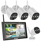 SecuFirst 2K Überwachungskamera Aussen Set mit Monitor,4X Kameras Überwachung ohne WLAN +7 Zoll Touchscreen Funk NVR Bildschrim,Gegensprech oder Wiedergabe von Aufnahmen über Monitor und APP.
