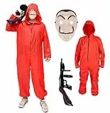 FASCHINFEVER Haus des Geldes Kostüm Set - 3 in 1 Set - mit Dali Maske, Overall rot Unisex, Gewehr Aufblasbar für Halloween, Fasching als Verkleidung für Herren & Damen (160-180cm)