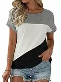 Fisoew Damen T-Shirt Rundhals Farbblock Kurzarm Shirt Casual Oberteil Sommer Locker Baumwolle Tee Tops (Schwarz, L)