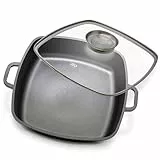 ELO Servierpfanne eckig 28x28 cm Aluguss mit Glasdeckel – Hochwertige Antihaft Pfanne PFAS frei – Beschichtete Bratpfanne Induktion mit Glasdeckel & Aromaknopf Servierpfanne Induktion, schwarz