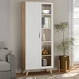 Forte VANKKA Vitrine 85, Vitrinenschrank mit 2 Türen (Davon 1 Glastür) und 2 Schubladen, Holzwerkstoff, Planked Eiche Dekor/Weiß, 84,7 cm breit, 201,5 cm hoch, 42 cm tief