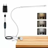 Akynite 8W Schreibtischlampe Klemmbar Weiß, Adapter Enthalten, USB Klemmlampe mit Schalter und Kabel, 3 Farbwechsel & 10 Helligkeit, Flexibel Schwanenhals Lampe Klemme, Bettlampe Klemmleuchte