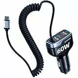SUNDAREE KFZ Ladegerät USB C,60W 4 Port 12V 24V Auto Handyladegeräte PD Typ C Schnellladen 1.8M Spiral Ladekabel Zigarettenanzünder Adapter für iPhone 17 16/Samsung A56 S25/Pixel 9a/Redmi Note 15