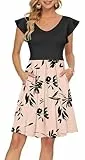 PLOKNRD Sommerkleid Damen V-Ausschnitt Midi Kleider mit Taschen Knielang Blütenblättern Kurzarm Freizeit Strandkleider Braun Schwarz Blüten M