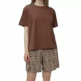 OCCIENTEC Schlafanzug Damen Kurz Pyjama Set Sommer Zweiteiliger Kurzarm Rund Ausschnitt Einfarbiges T-Shirt und Shorts mit Zebrastreifen Loungewear mit Taschen Braun,XL