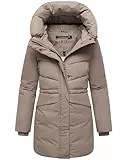 MARIKOO Damen Langer Mantel warme Winterjacke mit Kapuze und Taillenzugband Delilah 16 Taupe Grey Gr. M