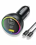 Baseus RGB Zigarettenanzünder USB C, 152.5W Auto Ladegerät mit 100W USB C Kable, Auto Ladegerät Zigarettenanzünder Kompatibel mit Air Mini, iPhone Serie 16/15/14/13, AirPods, iPad, Samsung S24/S23