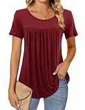 Florboom Longshirt Damen Sommer Rundhals Plissee Tunika Tshirt Weinrot M